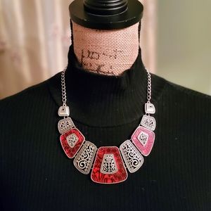 Retro 80s silver and red statement necklace